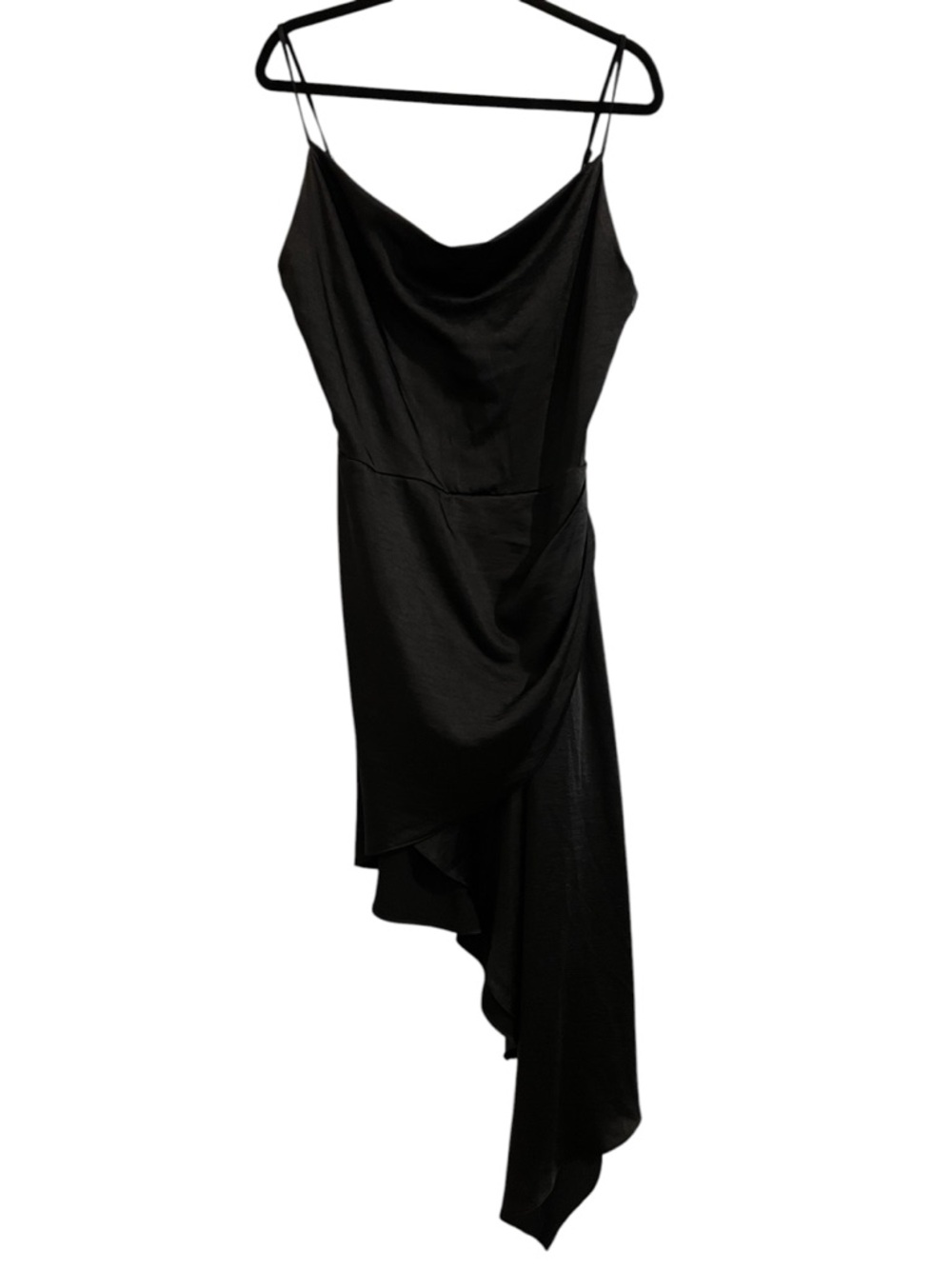 Elliatt Black Satin Asymmetrical Cowl Slip Dress with Draped Hem Size Large